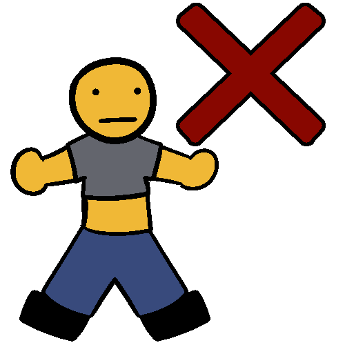 An orange figure wearing a tight shirt exposing their midriff with a disturbed look on their face, and a red X in the corner.